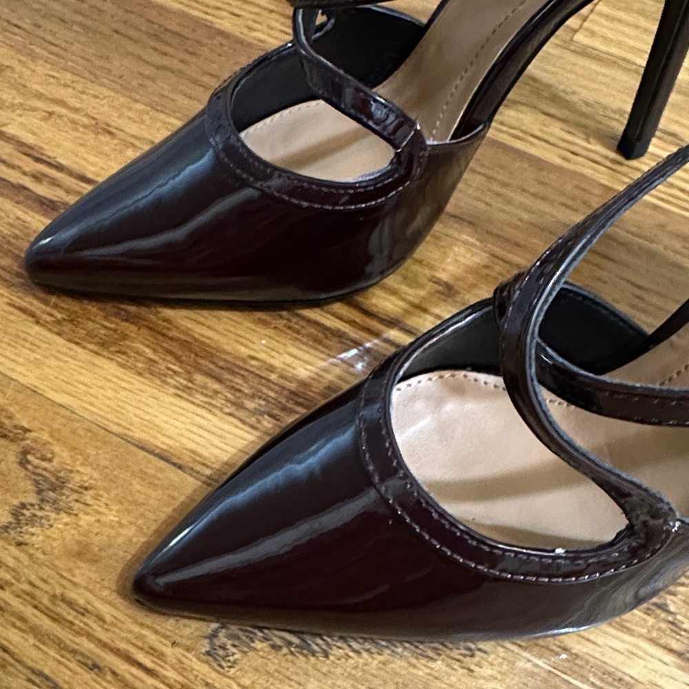 Zara TRF Pointed Toe Double Strap Elegant Burgundy Patent Heels - Picture 3 of 7